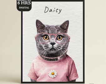Personalized Funny Cat Portrait in Costume | Custom Digital Cat Illustration | Quirky Cat Lover Gift, Printable Cat Wall Art, Cat Mom Decor