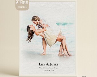 May include: A watercolour print depicting a couple embracing on a beach. The woman is held by the man, both in light clothing. The print includes the text "LILY & JAMES" and a date. The words "READY IN 6 HRS DIGITAL" are also visible.