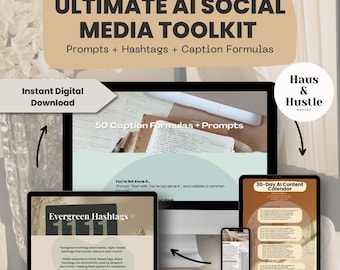 Toolkit voor AI Content Creator | ChatGPT-prompts, bijschriftsjablonen, socialmediakalender, hashtaggids | Digitale download | Bonusgids