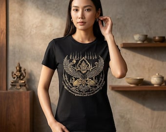 Camiseta com estampa da ave mítica tailandesa Garuda | Camiseta com estampa dourada do sagrado Sak Yant