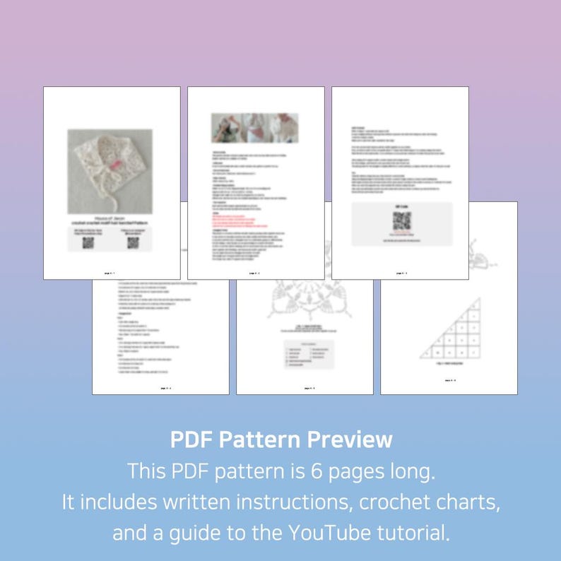 May include: A PDF pattern preview with written instructions, crochet charts, and a YouTube tutorial guide. The pattern is six pages long. The image shows a crochet item and pattern pages with text and QR codes against a gradient background.