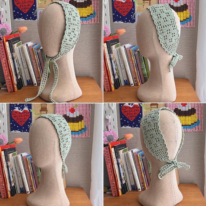 Puede incluir: Una diadema de ganchillo verde claro con un delicado dise&ntilde;o calado. La diadema se ata en la parte posterior con lazos largos a juego. Las im&aacute;genes muestran la diadema en una cabeza de maniqu&iacute;, mostrando el dise&ntilde;o.