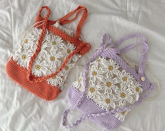 Patrón PDF de bolso de crochet con margaritas (tamaños grande y pequeño, videotutorial)