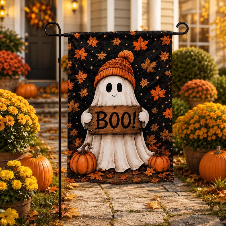 A Halloween-themed garden decoration featuring a ghost holding a sign that says "BOO!" surrounded by pumpkins, mums, and other fall foliage.