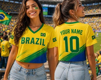 Custom Brasil Soccer Jersey for Women, Personalized Name Number Crop Top Jersey, Brazil Shirt
