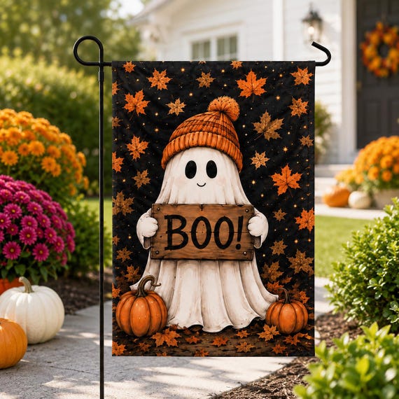 Halloween Ghost Garden Flag, Cute Boo Pumpkin Yard Sign, Autumn Maple Leaf Outdoor Flag, Spooky Fall Porch Decor and Halloween Gift