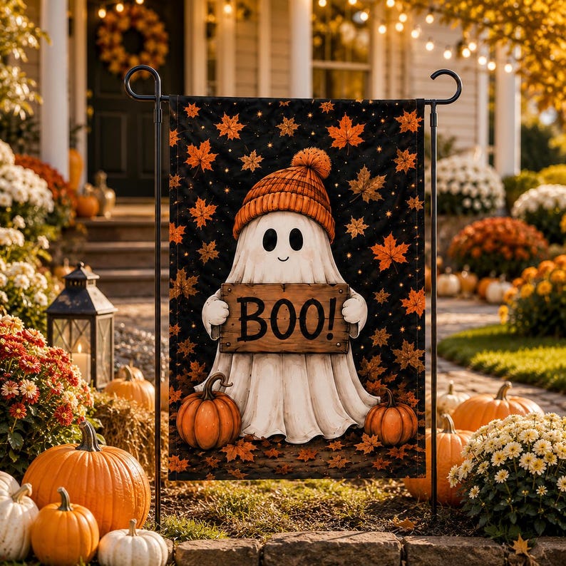 A Halloween-themed garden decoration featuring a ghost holding a sign that says "BOO!" surrounded by pumpkins, flowers, and a wreath.