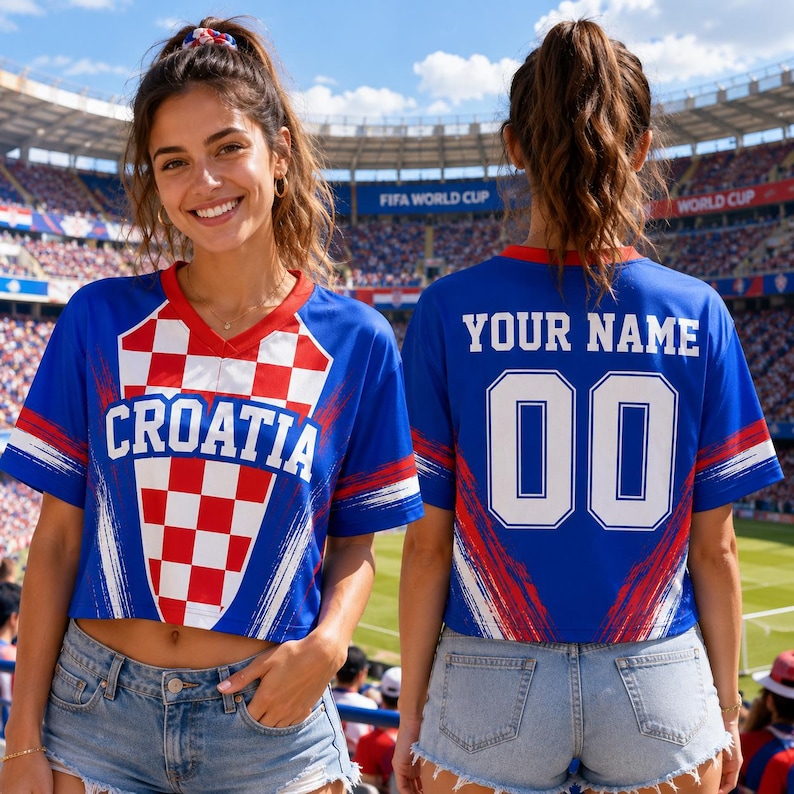 A smiling woman wearing a blue and red Croatia soccer jersey with the number 00, standing in front of a soccer stadium.