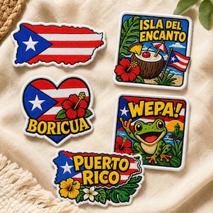 May include: Five embroidered patches featuring Puerto Rican themes: a flag-shaped map, a square with a coconut drink and text 'ISLA DEL ENCANTO', a heart with a hibiscus and 'BORICUA', a square with a frog and 'WEPA!', and a map with 'PUERTO RICO'.
