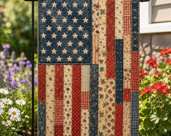 May include: A patriotic garden flag featuring a patchwork design of the American flag. The flag has a blue field with white stars and red and white stripes. The flag is displayed on a black metal stand.