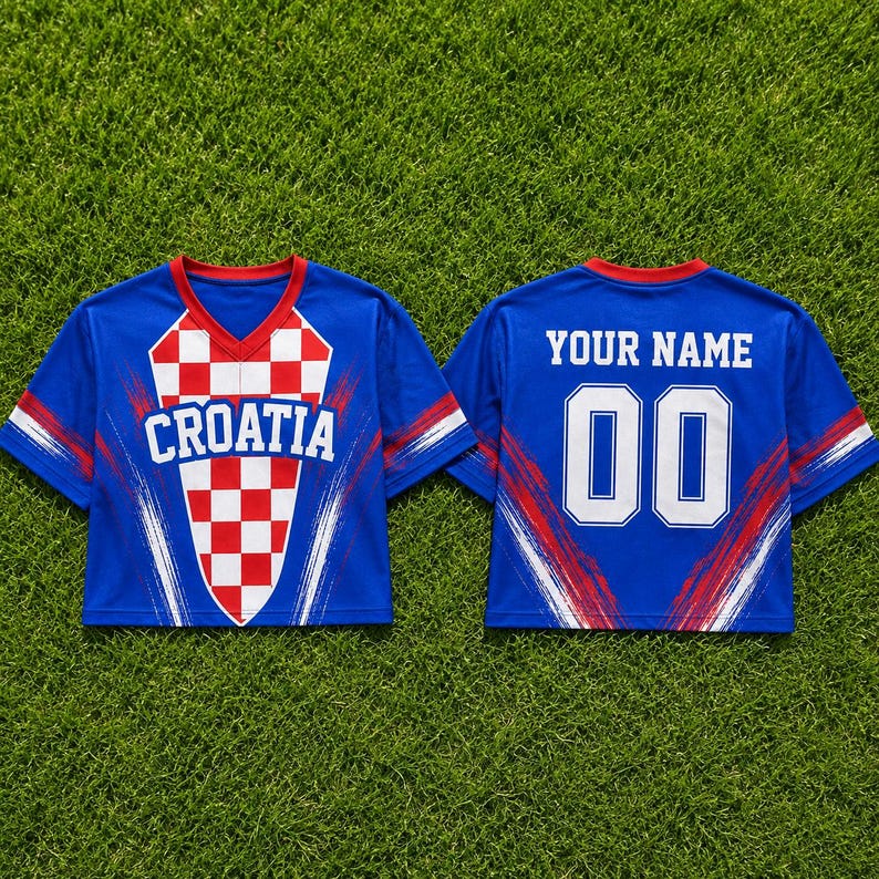 A blue and red Croatia soccer jersey with the word "Croatia" printed on the front and the number "00" on the back.
