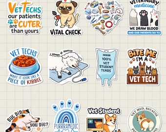 May include: A collection of colorful stickers with veterinary-themed designs. The stickers feature cartoon animals, medical tools, and humorous text like "Vet Techs" and "Purrramedic". The stickers are ideal for decorating laptops, water bottles, or notebooks.