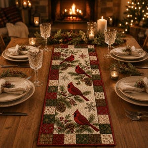 May include: A rectangular quilted table runner featuring a central panel with four red cardinal birds perched on pine branches with pinecones and snowflakes, surrounded by a border of small patchwork squares in red, green, and cream patterns.