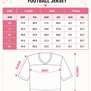 The image is a printed size chart for a women's all-over print crop top football jersey. It provides measurements for different sizes, including XS, S, M, L, and XL, along with corresponding bust, sleeve, and length measurements. The chart also includes a diagram of the jersey to help visualize the measurements.