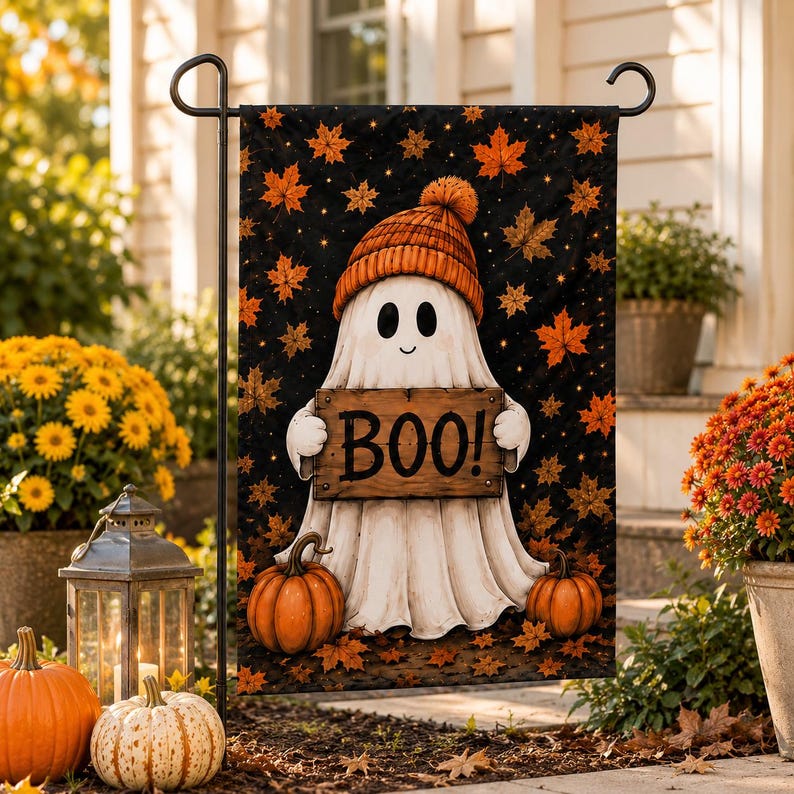 A Halloween-themed garden decoration featuring a ghost holding a sign that says "BOO!" surrounded by pumpkins, flowers, and a lantern.