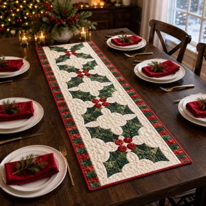May include: A rectangular quilted table runner featuring a repeating pattern of cream-colored holly leaves and red berries on a dark green background, bordered by a red and green striped fabric trim, laid flat on a dark wooden dining table.