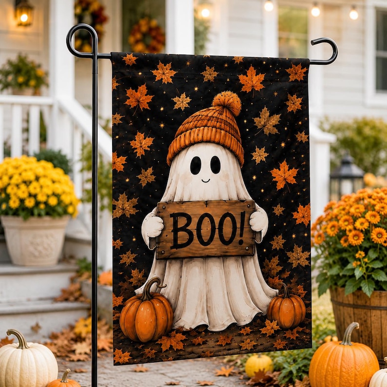 A Halloween-themed banner featuring a ghost holding a sign that says "BOO!" is displayed on a black pole, surrounded by pumpkins, flowers, and autumn leaves.