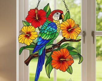 Parrot Acrylic Suncatcher with Hibiscus - Colorful Bird Window Hanging - Parrot Lover Gift