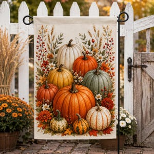 May include: A rectangular garden flag featuring a vibrant autumn arrangement of various pumpkins in shades of orange, white, green, and yellow, accented with wheat stalks, red berries, and fall flowers on a cream-colored fabric background.