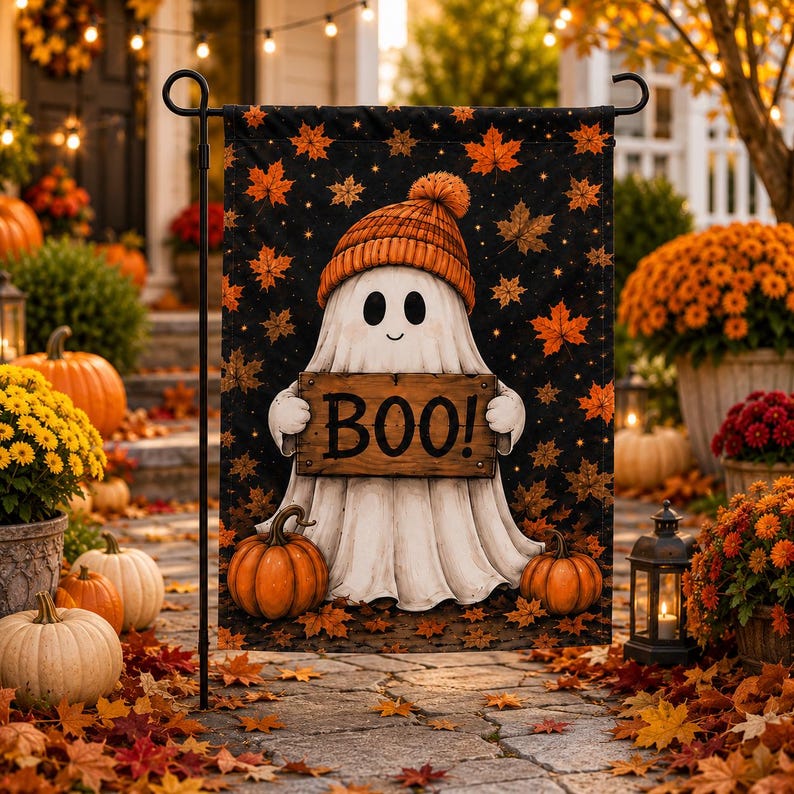 A Halloween-themed banner featuring a ghost holding a sign that says "BOO!" surrounded by pumpkins, fall leaves, and other fall decorations.