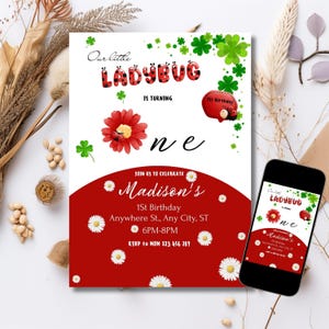 Invito di compleanno modificabile a tema coccinella per bambine - Modello di invito per festa a tema coccinella rossa e nera - Download digitale - Invito modificabile Canva