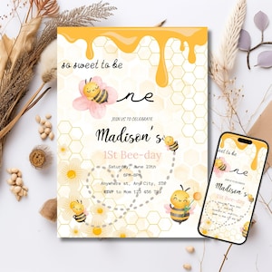 Bee Day Invitation, 1st Birthday party invite, Birthday Invitation template, Printable invite, Bee themed party, Instant Download