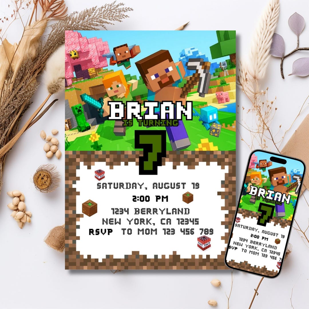 Editable Minecraft Birthday Invitation 5x7 - Printable Digital Download ...