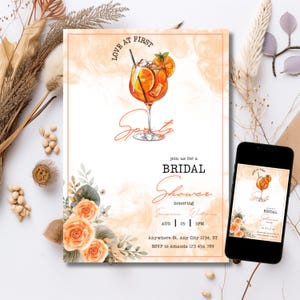 Modèle d'invitation de douche nuptiale élégant - Le coup de foudre pour la première fois - Invitation modifiable sur le thème orange - Imprimable à téléchargement immédiat