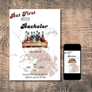 Invitación editable para despedida de soltero con cerveza para hombres – Tema de cervecería rústica – Descarga digital – Noche de novios – Despedida de soltero