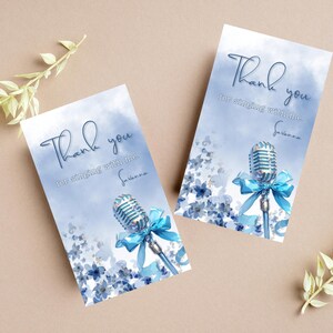 Cartão de agradecimento para festa de aniversário de karaokê – Microfone retrô azul para impressão – Lembrancinha de festa com tema musical, cartão de agradecimento para convidados