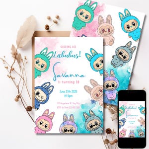 Bewerkbare Labubu-verjaardagsuitnodiging | Leuke digitale feestuitnodiging | Afdrukbare kinderkaart | Canvassjabloon voor meisje of jongen