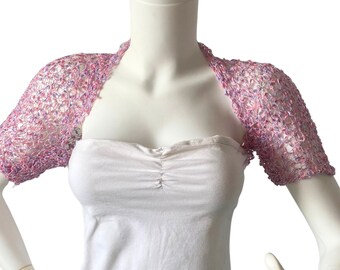 Summer Light Pink Purple Cropped Jacket, Beach Party Evening Bolero Shrug, Big Stitch Knit Summer Wrap