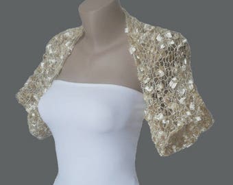 Champagne Winter Bridal Bolero Shrug, Crochet Cropped Wedding Jacket, Ivory Half Sleeves Wrap