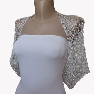 Silver White Crochet Wedding Shrug – Handmade Bridal Bolero, Summer Short Sleeve Jacket, Evening Cover Up, Plus Size Available