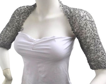 Wedding Silver Bolero Shrug, Silky Half Sleeves Crochet Bridal Cropped Jacket, Summer Dance Party Shinny Cover up