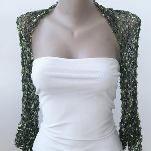 Crochet Green Bolero Shrug, Elbow Dark Green Bridesmaid Jacket, Mother of the Bride Summer Ruffle Sleeves Cover up image 5