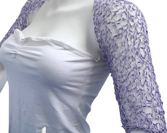 Purple Cropped Bolero Jacket, Half Sleeves Silky Shrug, Crochet Summer Shinning Wedding Bolero, Maid of Honor Gift