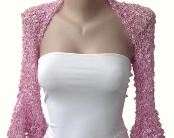 Pink Ruffle Sleeves Silky Bolero, Summer Crochet Bridal Wedding Shrug, Elegant Evening Cropped Jacket