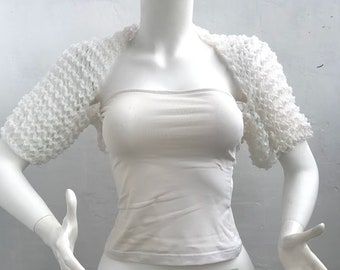 Bridal Wedding White Opal Shrug Bolero, Crochet Summer Spring Cropped Jacket, Hand Knit Metallic Half Sleeves Bolero