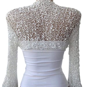 White Wedding Bolero Shrug, Crochet 3/4 Ruffle Sleves Bridal Bolero, White Silver Cropped Jacket, Summer Silky Loose Shrug