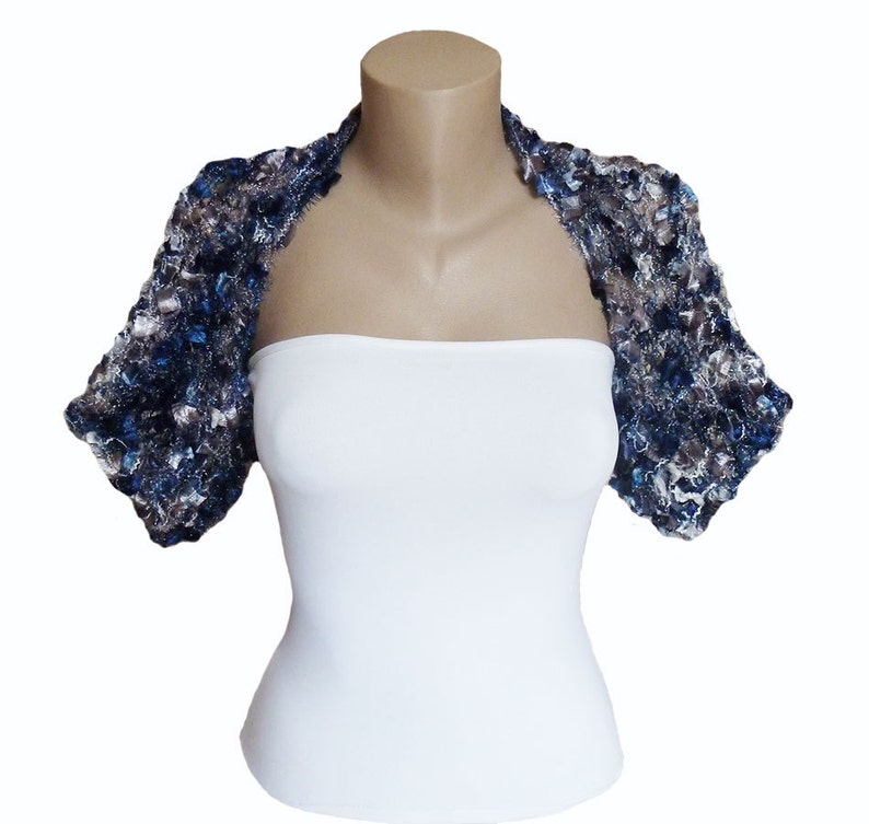 Navy Blue Winter Bolero, Knit Warm Cropped Jacket, Bridesmaid Wedding Shrug, Half Sleeves Evening Elegant Knitted Bolero Cardigan image 3