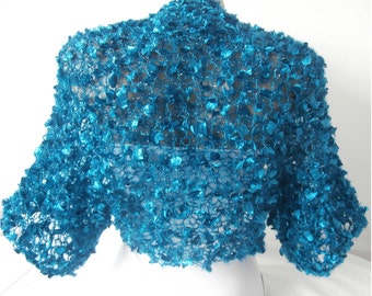 Turquoise Aqua Blue Crochet Bolero Shrug, Winter Spring Warm Wedding Bridal Cropped Jacket, Evening Plus Size Cover up