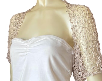 Handmade Knitted Bolero Shrug, Boho Summer Wedding Cardigan, Half Sleeves Crochet Lace