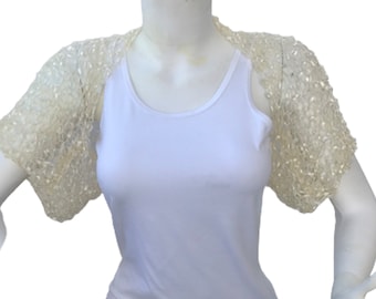 Crochet Ivory Bridal Bolero Shrug, Light Champagne Wedding Jacket with Half Sleeves, Spring Summer Cropped Jacket