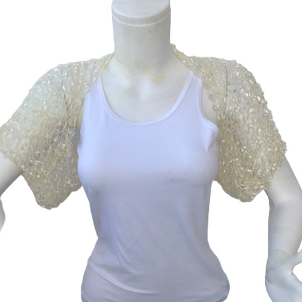 Crochet Ivory Bridal Bolero Shrug, Light Champagne Wedding Jacket with Half Sleeves, Spring Summer Cropped Jacket