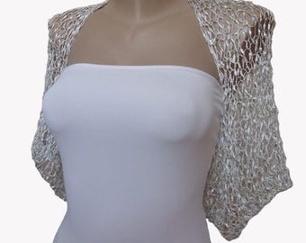 Silver Bridal Shrug, Silver White Bolero, Viscose Crochet, Short Sleeve