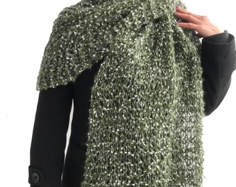 Soft Mohair Winter Shawl Wrap, Knit Large Warm Scarf, Green White Cosy Long Shawl Scarf, Christmas Gifts for Women