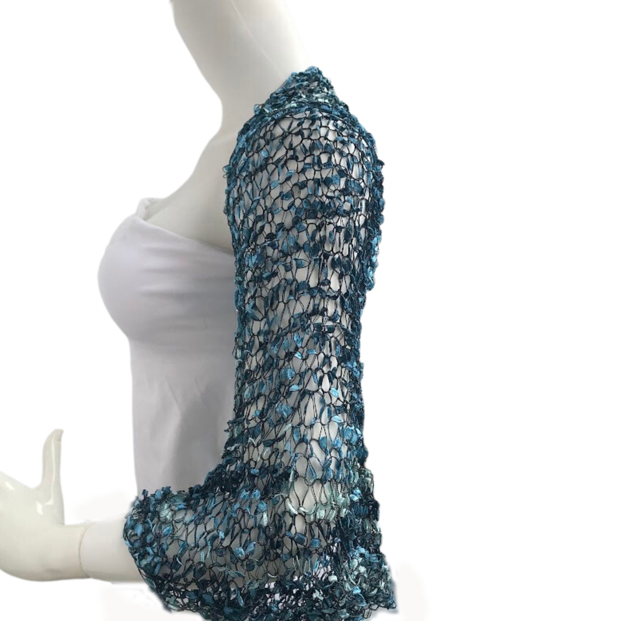 Turquoise Blue Wedding Bolero Shrug, Crochet 3/4 Ruffle Sleeves Silky Cropped Jacket, My Something Blue, Handknit big stitch Bolero