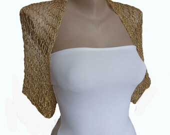 Summer Gold Bolero Jacket, Crochet Disco Party Dance Fine Cover Up, Bridal Wedding Glitter Shrug