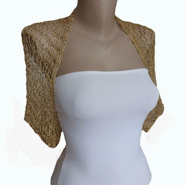 Summer Gold Bolero Jacket, Crochet Disco Party Dance Fine Cover Up, Bridal Wedding Glitter Shrug